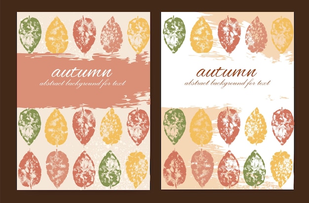 Vertical layouts with autumn design and paint strokes. Autumn leaves in autumn shades. Abstract background for the text.