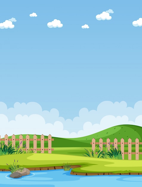 Vertical nature scene or landscape countryside with part of farm view and blank sky at daytime