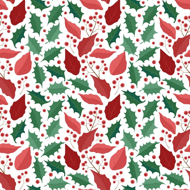 vertical pattern of poinsettia and lolly leaves and red berries on a branch