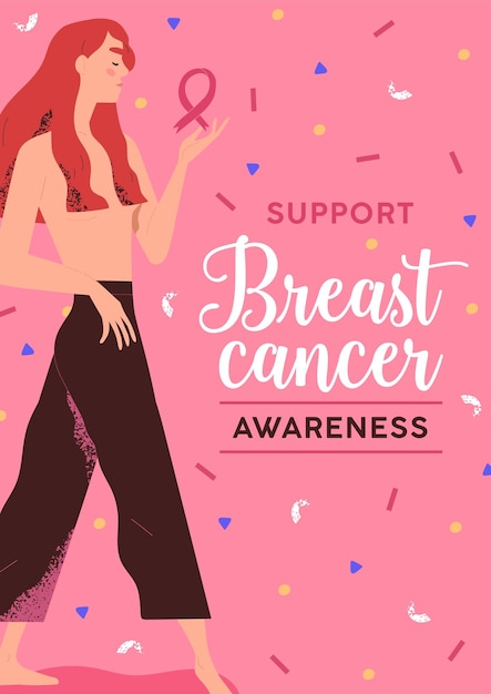 Vertical poster for Breast cancer awareness month. Supportive placard about healthcare campaign. Flat vector cartoon illustration of template with woman and pink ribbon symbol.