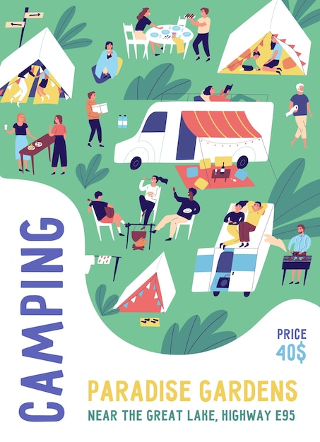 Vertical poster template for camping festival with place for text. People relaxing in a tent city in nature outdoors. Flat vector cartoon placard with summer vacation activity.