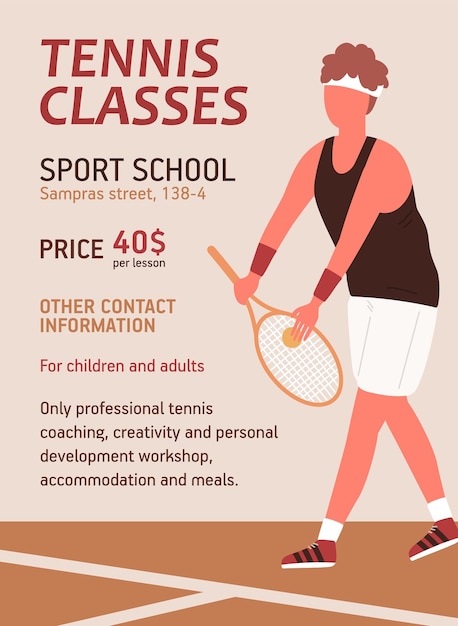 Vertical poster for tennis classes or school. Colorful advertising for sport lesson with a place for text. Placard with faceless man holding racquet. Flat vector cartoon illustration.