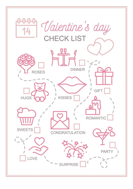 Vertical printable checklist for Valentine s Day Vector template