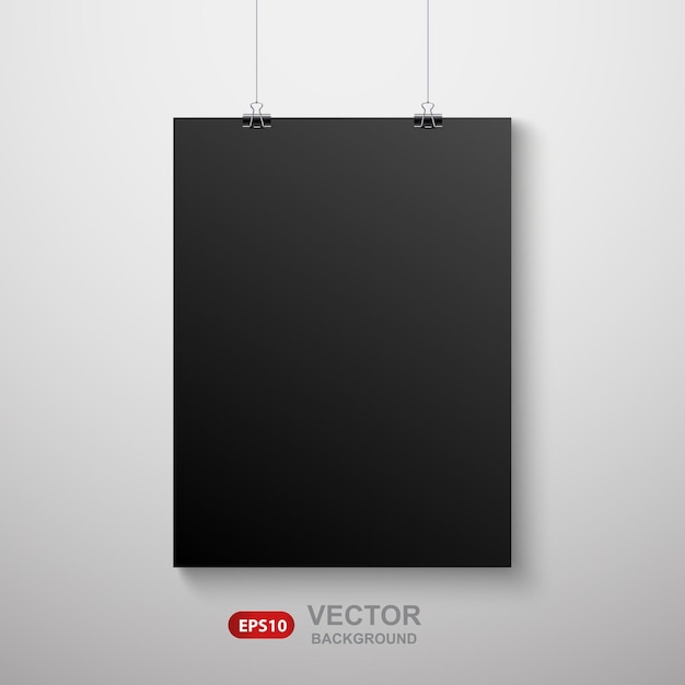 Vertical realistic poster mockup with black sheet of paper A4 on a rope Vector background EPS10