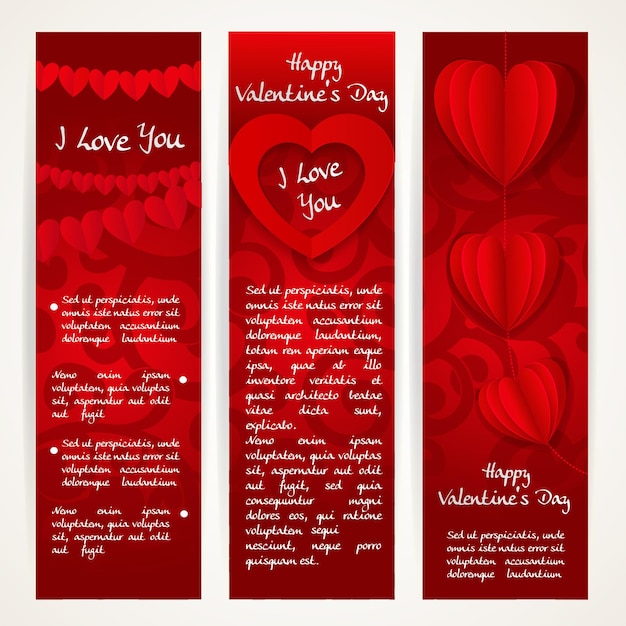 Vertical red banners set with garlands of paper hearts for Valen