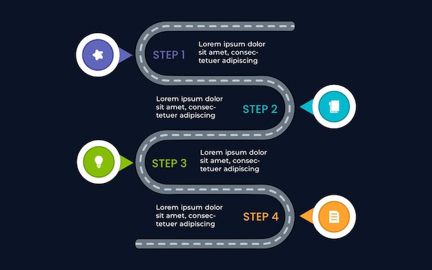 Vertical Roadmap infographics template with four steps, options, parts, steps or processes