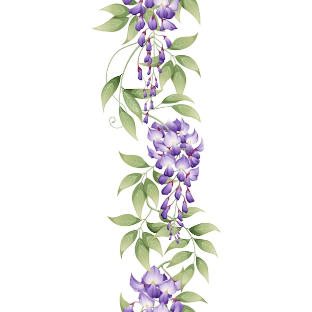 Vertical seamless border with purple wisteria Asian plants Botanical flower illustration for wedding