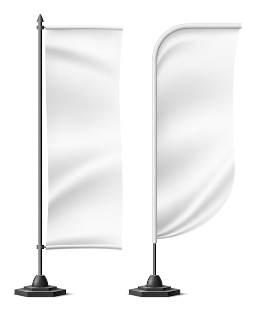 Vertical telescopic banner mockup. Realistic white fabric on black stand isolated on white background