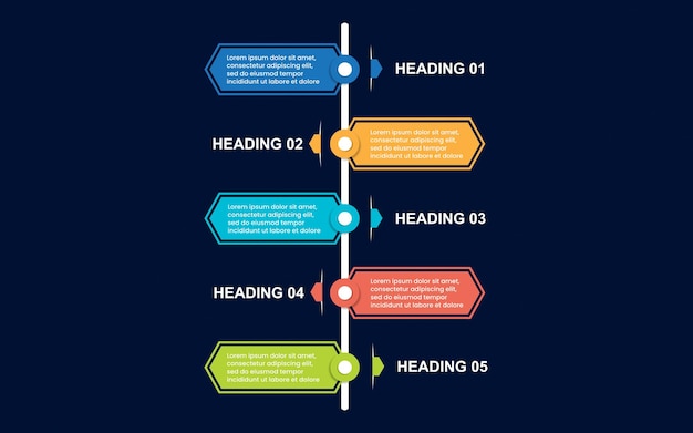 Vertical timeline infographics template with five steps, options, parts, steps or processes