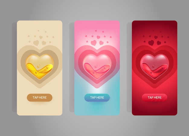 Vertical valentines day banners. Transparent hearts with liquid inside. Web template design set. Colorful flyer set. Vector