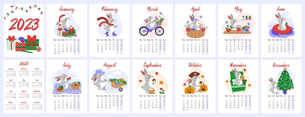 Vertical wall calendar for 2023 with symbol of the year - Rabbit in various scenes from life.