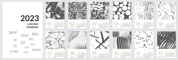 Vertical wall calendar template for 2023 year Set of 12 months Week starts on Sunday Planner in minimalist style with place for photo Vector editable corporate and business calendar page template