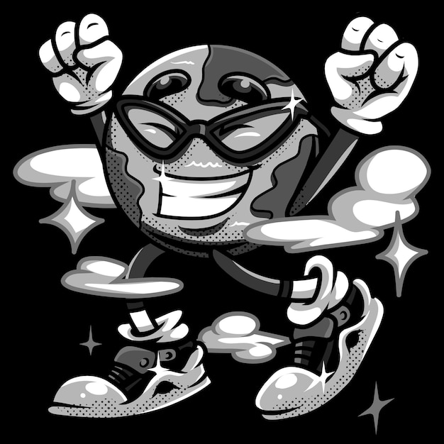 Vector very happy earth retro cartoon black and white illustration