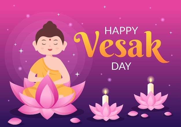 Vesak Day Celebration with Temple Silhouette Lotus Flower Lantern or Buddha Person in Illustration