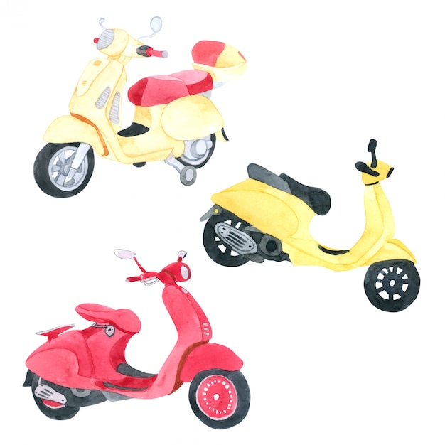 Vespa Motorcycle watercolor collection on white background