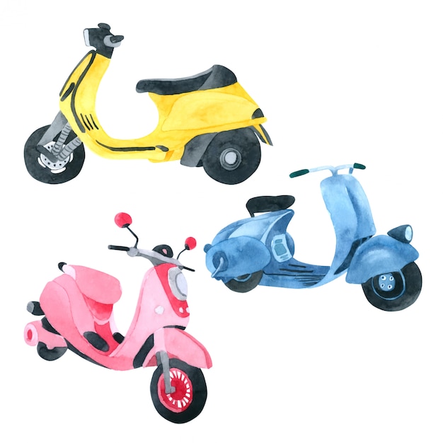 Vespa Motorcycle watercolor collection on white background