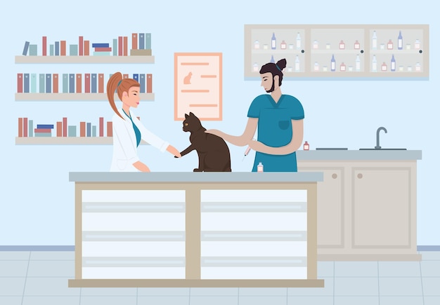 Vector vet clinic. depicted on the side are doctors giving an injection to a cat. treatment of animals.