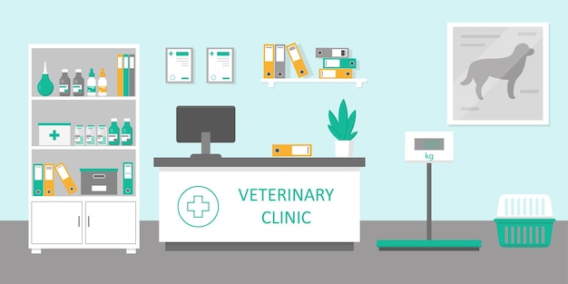 Vet clinic reception room or hospital holl interior in flat style