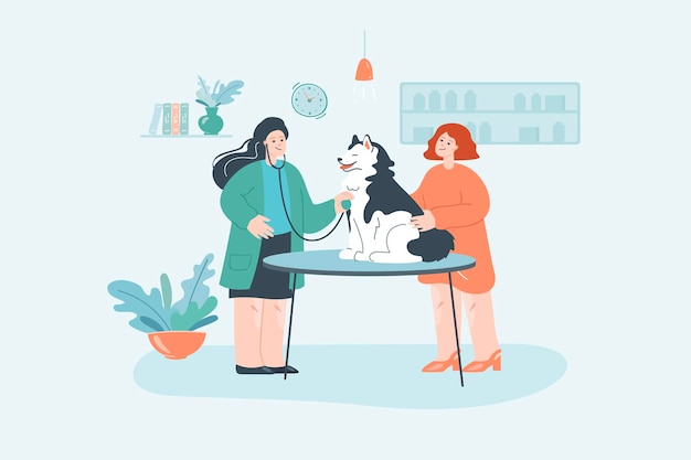 Vet with stethoscope, dog and female owner at veterinary clinic. Cartoon veterinarian examining cute puppy at animal medical center flat vector illustration. Pets, care, medicine, health concept