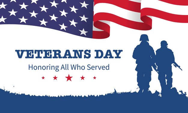 Vector veteran's day posterhonoring all who served veteran's day illustration with american flag and soldiers