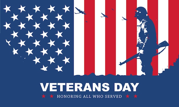 Vector veteran's day posterhonoring all who served veteran's day illustration with american flag and soldiers