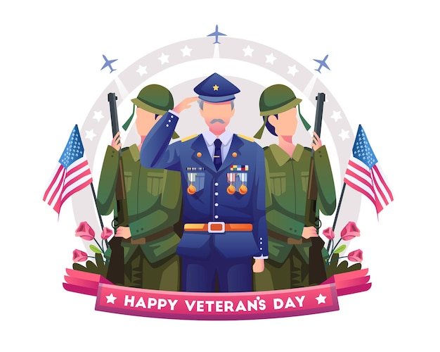 Vector veteran and soldiers are honoring and celebrating veterans day. flat vector illustration