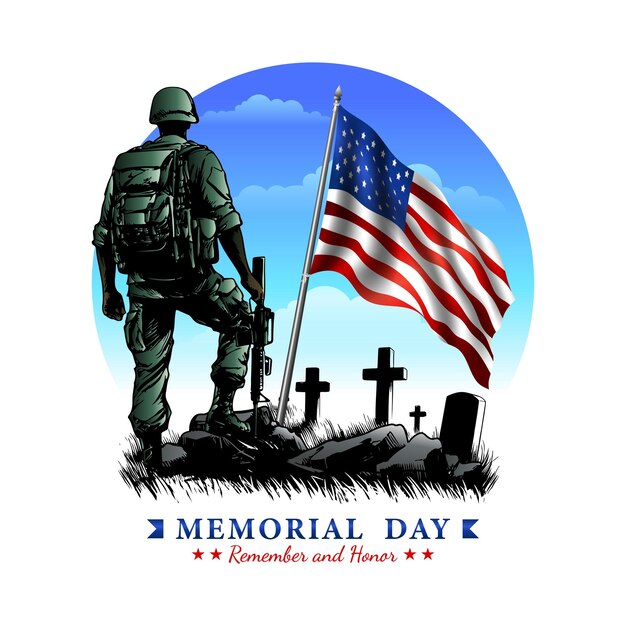 Vector veterans day clipart or symbol soldier was facing the tombstones and the american flag