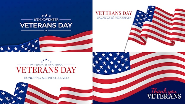 Veterans day. Happy veterans day celebration november 11 honoring heroes who served. Usa flag and lettering patriotic holiday vector posters. Usa veteran day, respect and pride illustration