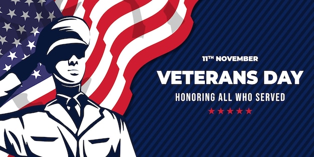 Veterans day horizontal banner illustration with a soldier saluting