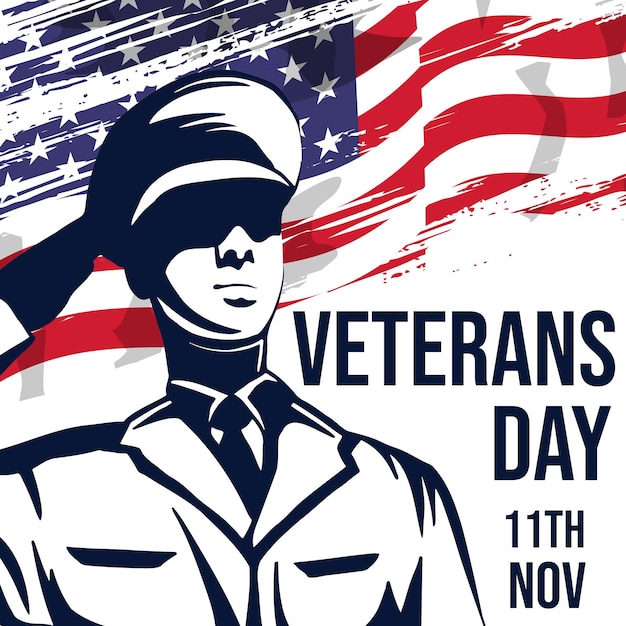 Veterans day illustration with a soldier saluting and grunge American flag