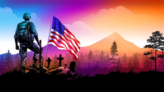 Vector veterans day independence day or patriot day background soldier with tombstones and usa flag