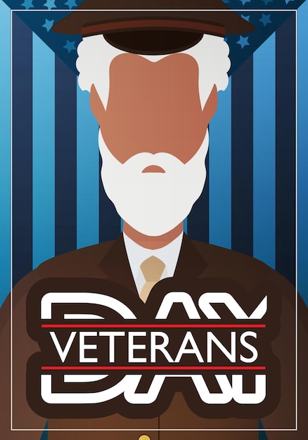 Veterans Day Postcard A veteran in a brown military uniform against the background of the flag