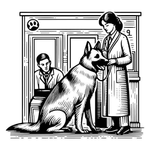 Vector veterinarian examining dog with stethoscope in detailed line drawing style vector generative ai