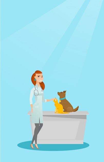 Veterinarian examining dogs vector illustration.