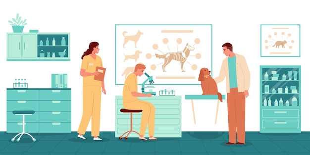 Vector veterinarian occupation flat background with man dog and pet doctors studying canine parasites under microscope in lab vector illustration