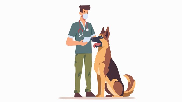 Vector veterinarian with dog man in uniform and mask