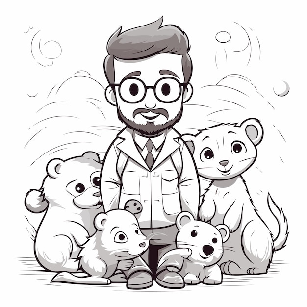 Veterinarian with a group of bears Vector illustration of a cartoon character