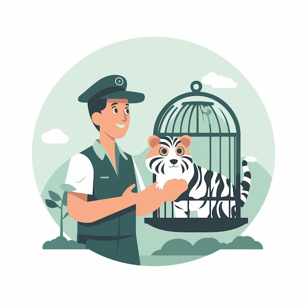 Vector veterinarian with a tiger in a cage flat vector illustration