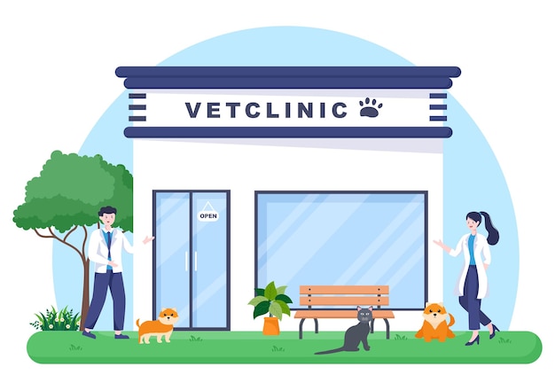 Veterinary Clinic Doctor Examining, Vaccination and Health care for Pets Like Dogs and Cats in Flat Cartoon Background Vector Illustration for Poster or Banner