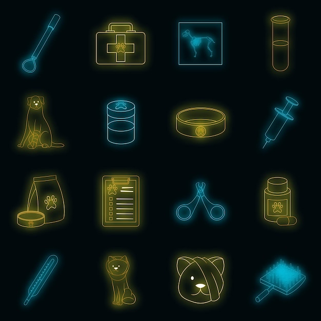 Veterinary clinic icons set vector neon