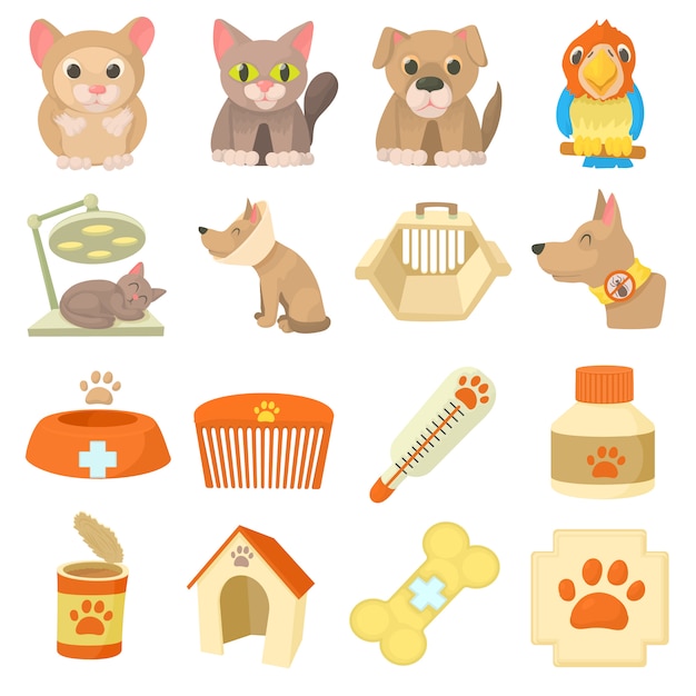 Veterinary clinic items icons set