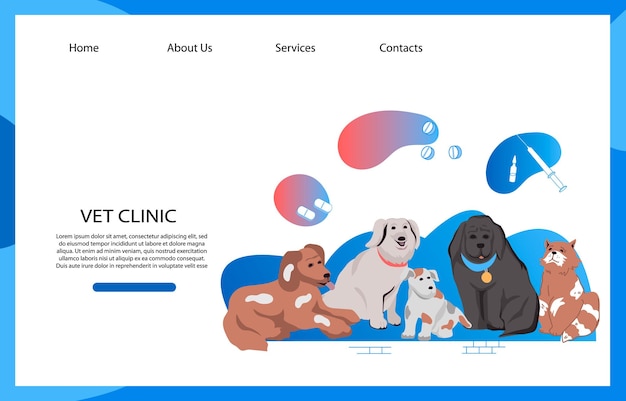 Vector veterinary clinic or pet shop website background template with cat and dogs characters flat vector illustration pets medical care and veterinary treatment banner for landing page or web app