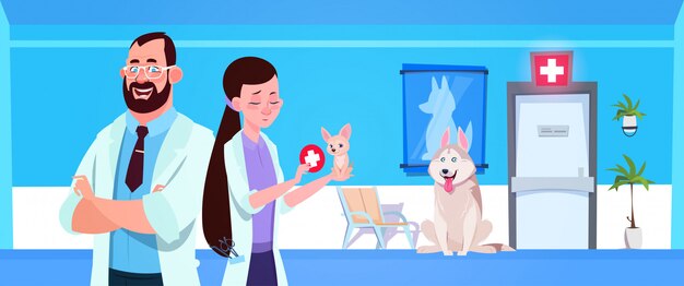 Vector veterinary doctors over dogs in clinic waiting room vet medicine and care concept