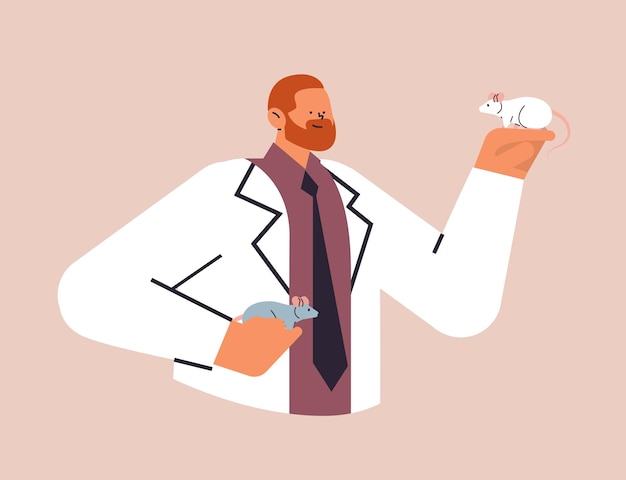 veterinary worker holding rat scientist doing experiments in lab with experimental animal biological genetic engineering research portrait vector illustration