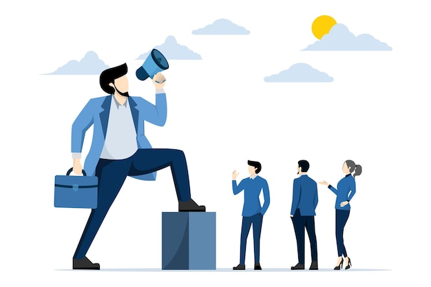 vetor illustration of Giant businessman manager using megaphone to order employees