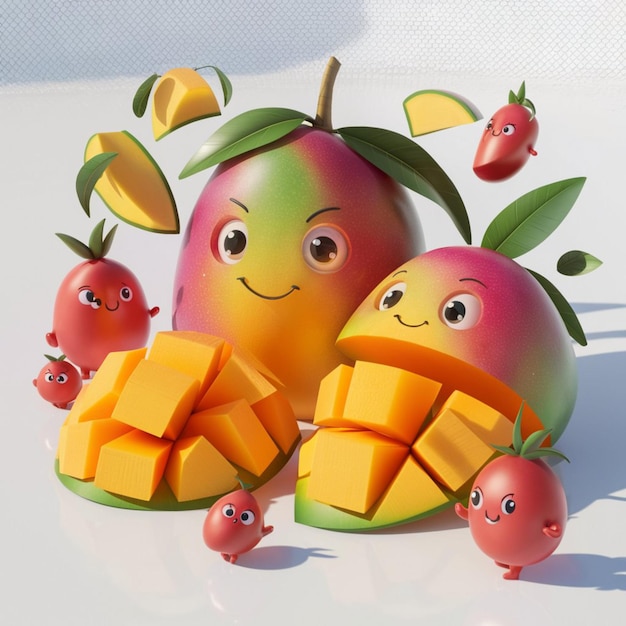 A vibrant 3D render illustration of a whole mango and cut mango pieces