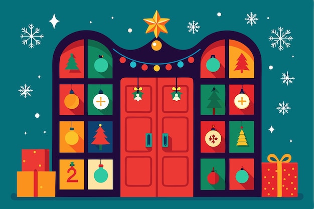 A vibrant advent calendar features colorful doors decorated with festive ornaments igniting excitement for the holiday season and counting down to Christmas