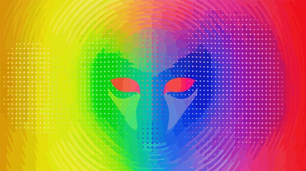 Vector vibrant alien face icon with rainbow colored halftone pattern