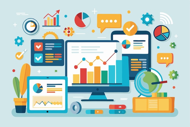 A vibrant analytics dashboard showcases customizable graphs and charts highlighting data trends in a contemporary workspace filled with tech devices