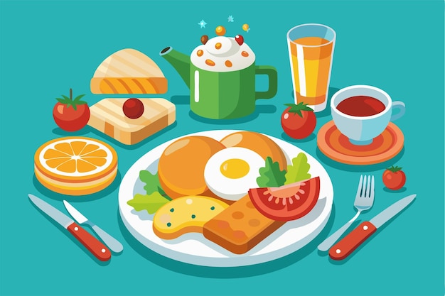 A vibrant array of breakfast items including eggs toast fruits and beverages on a bright background Customizable flat illustration of breakfast food